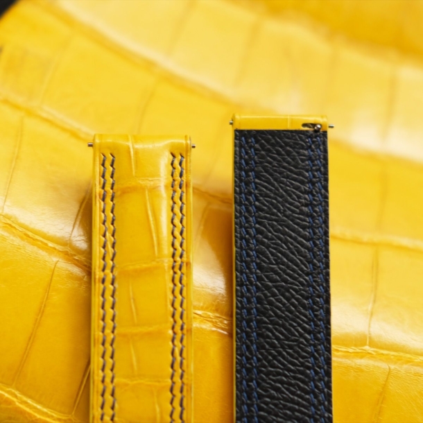 Square Padded Yellow Alligator Leather Lining Navy Epsom Watch Strap - Image 5