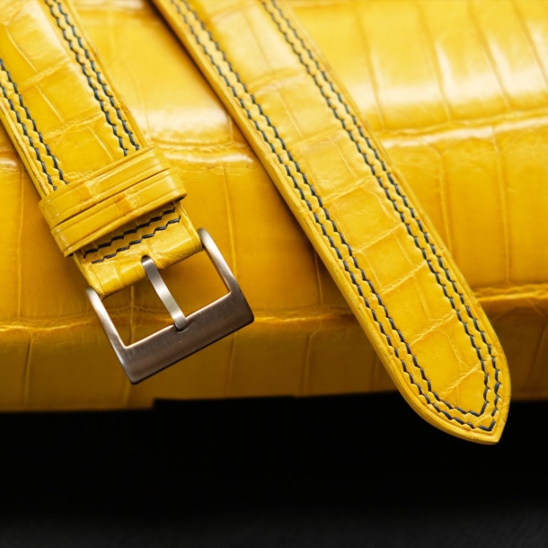 Square Padded Yellow Alligator Leather Lining Navy Epsom Watch Strap - Image 4