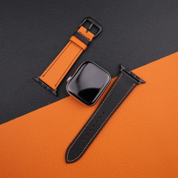 Black Orange Epsom Calf Leather Apple Watch Band - Image 3