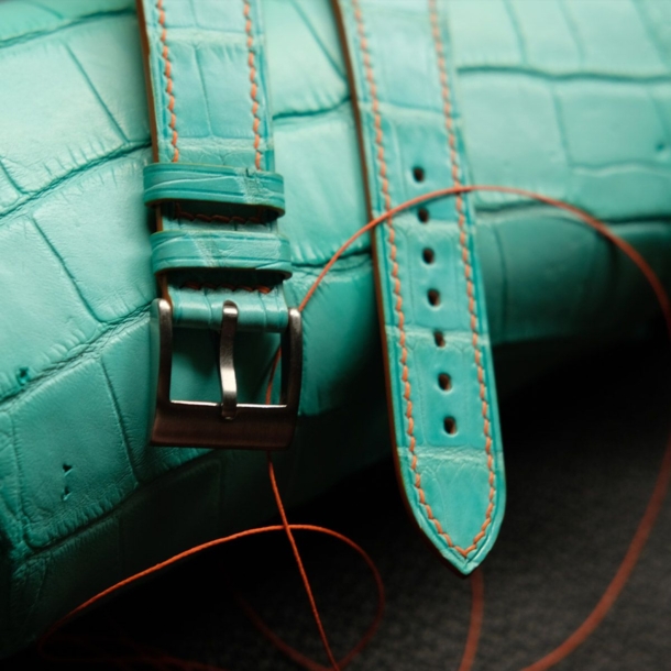 Turquoise Alligator Leather Lining Orange Epsom Watch Strap