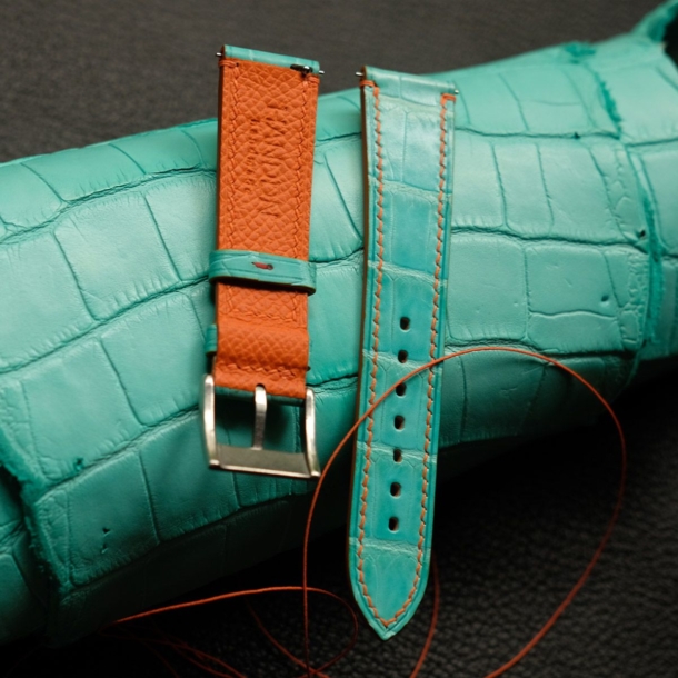 Turquoise Alligator Leather Lining Orange Epsom Watch Strap