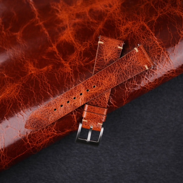 Vintage Dark Brown Waxed Leather Side-Stitch Watch Strap