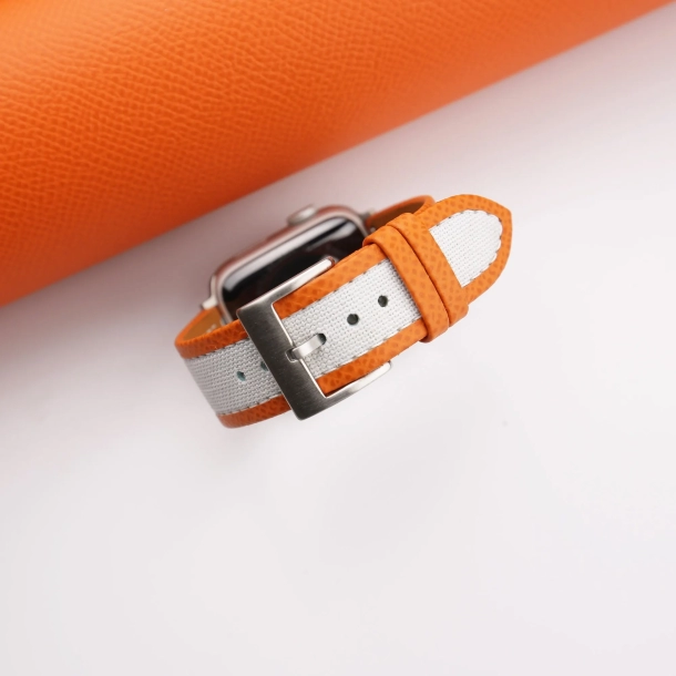 White Canvas Folded Edge Orange Epsom Apple Watch Band