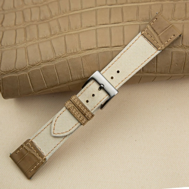 White Canvas mix Light Beige Alligator Watch Strap