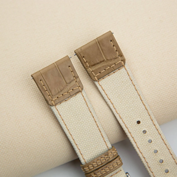 White Canvas mix Light Beige Alligator Watch Strap