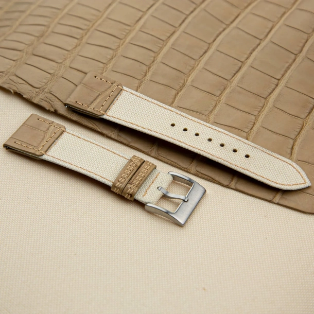 White Canvas mix Light Beige Alligator Watch Strap