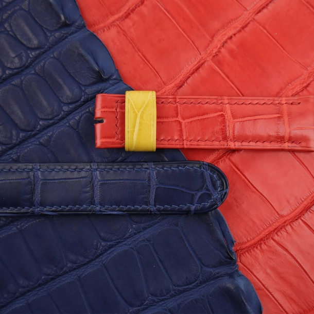 Full Padded Tricolor Alligator Leather Watch Strap (Red, Yellow, Navy) 2 Tricolor Alligator Leather Watch Strap (Red, Yellow, Navy)