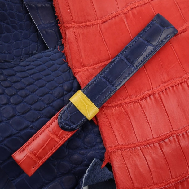 Full Padded Tricolor Alligator Leather Watch Strap (Red, Yellow, Navy) 3 Tricolor Alligator Leather Watch Strap (Red, Yellow, Navy)