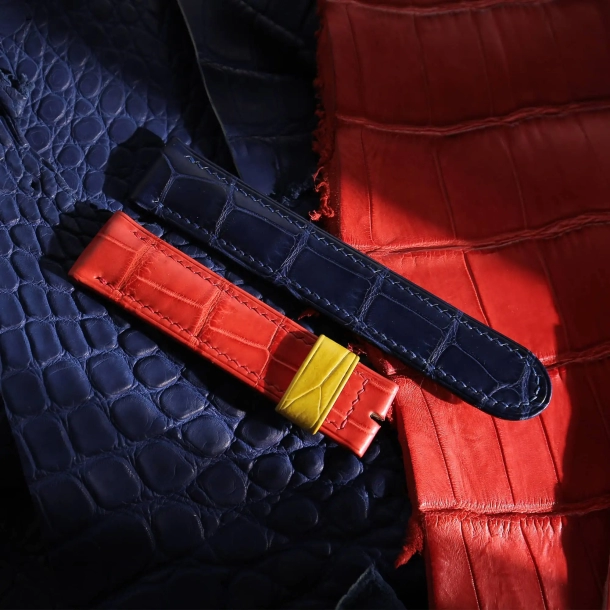 Full Padded Tricolor Alligator Leather Watch Strap (Red, Yellow, Navy) 4 Tricolor Alligator Leather Watch Strap (Red, Yellow, Navy)