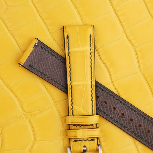 Full Padded Yellow Alligator Leather Lining Brown Epsom Watch Strap