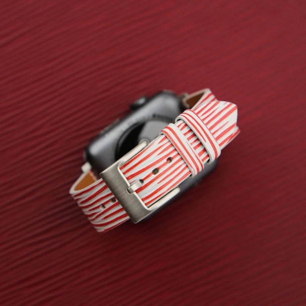 Red White Calfskin Apple watch band – Waves Texture