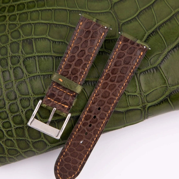 Padded Green Alligator Leather Lining Dark Brown Round Scales Watch Strap - Image 3