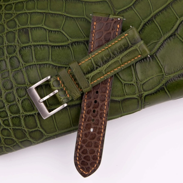 Padded Green Alligator Leather Lining Dark Brown Round Scales Watch Strap - Image 6