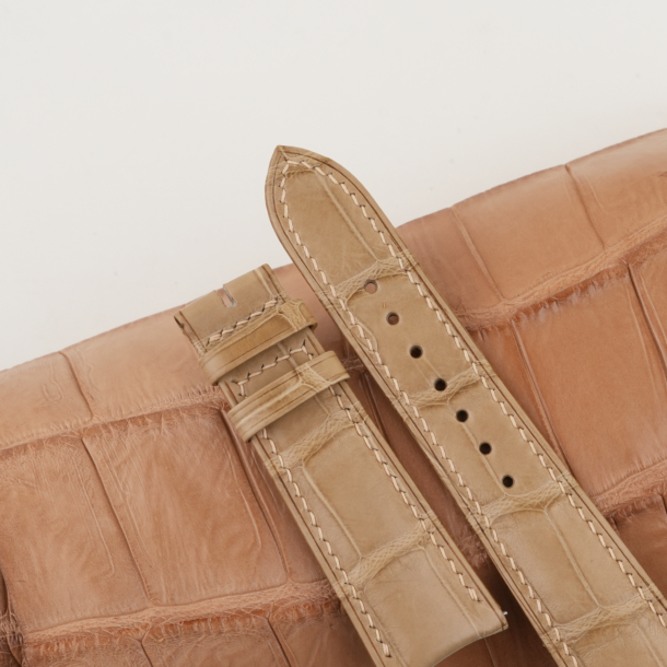 Beige Alligator Leather Curved End Folded Edges Watch Strap