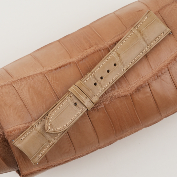 Beige Alligator Leather Curved End Folded Edges Watch Strap