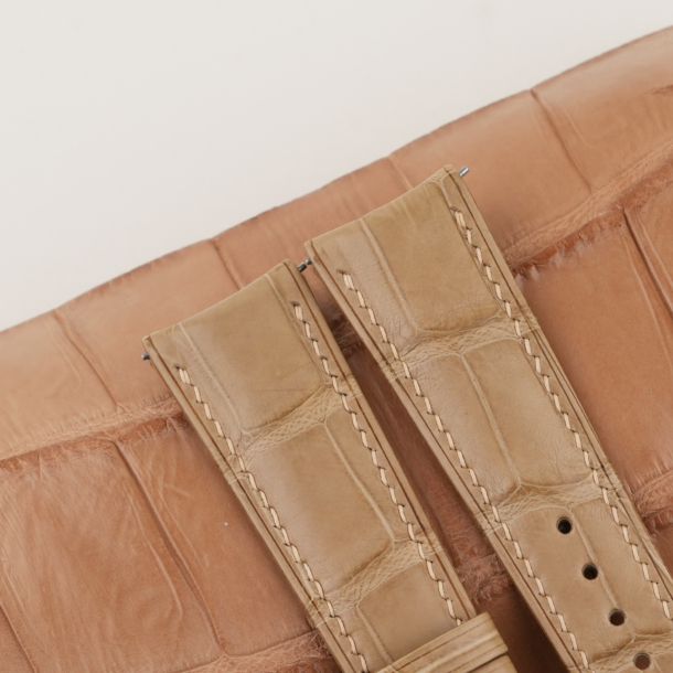Beige Alligator Leather Curved End Folded Edges Watch Strap