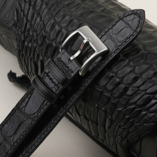 Black Alligator Leather Folded Edges Watch Strap