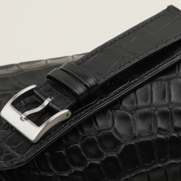 Black Alligator Leather Folded Edges Watch Strap