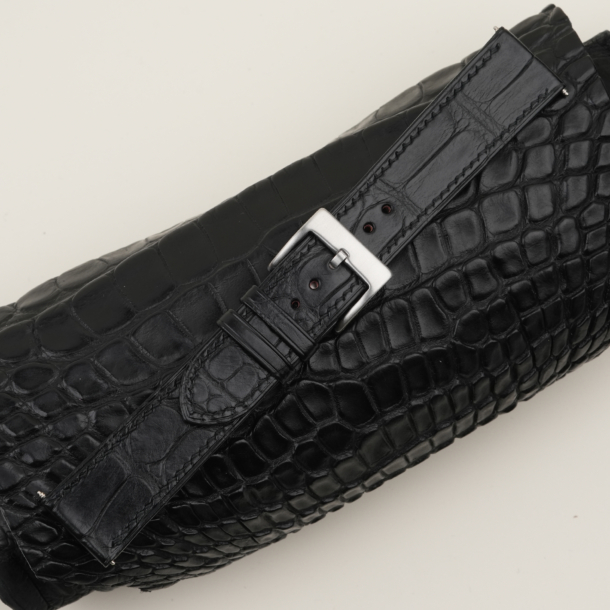 Black Alligator Leather Folded Edges Watch Strap