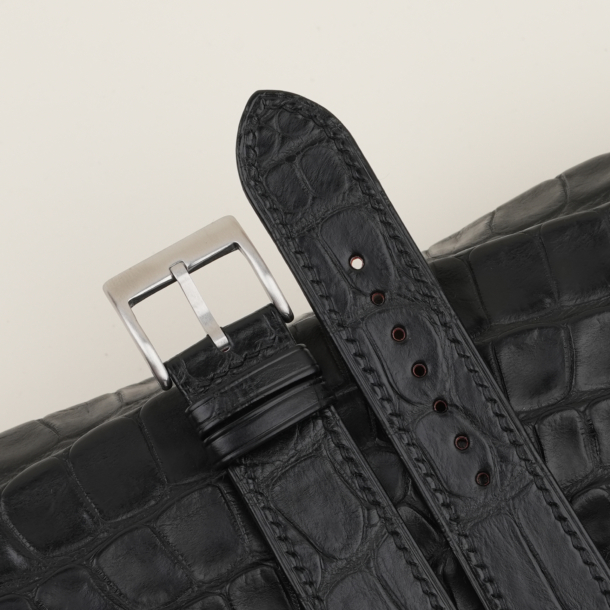Black Alligator Leather Folded Edges Watch Strap