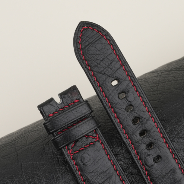 Black Ostrich Leather Folded Edges Watch Strap