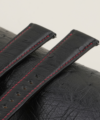 Black Ostrich Leather Folded Edges Watch Strap