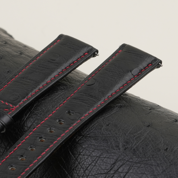 Black Ostrich Leather Folded Edges Watch Strap