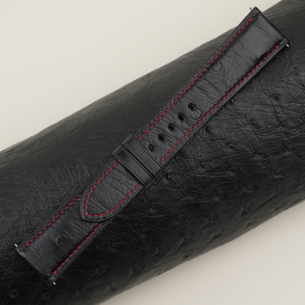 Black Ostrich Leather Folded Edges Watch Strap