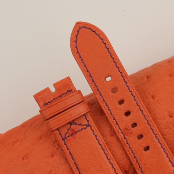 Orange Ostrich Leather Folded Edges Watch Strap