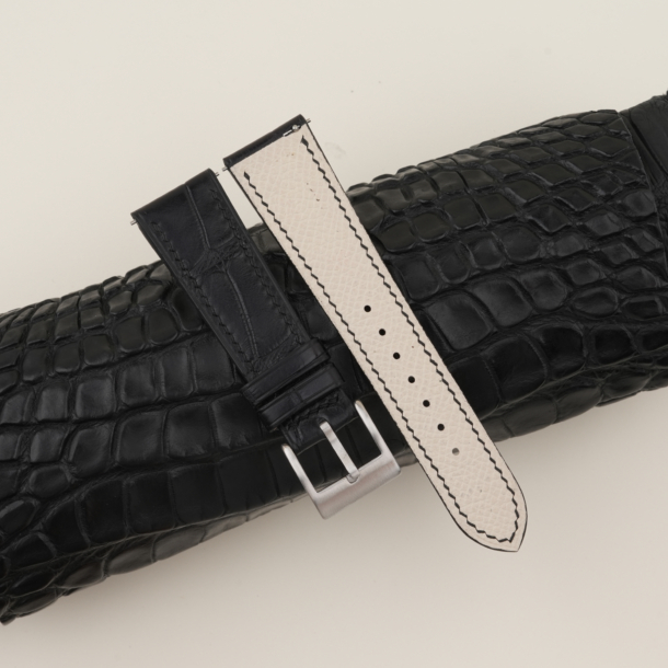 Black Alligator Lining Pearl White Epsom Leather Watch Strap