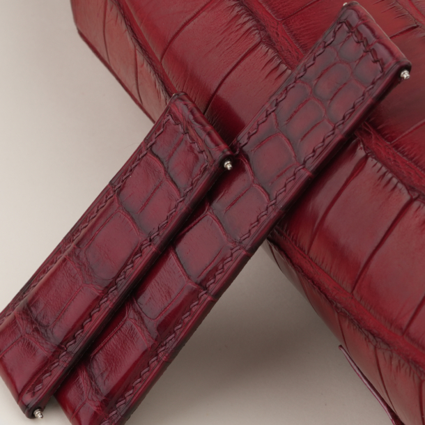 Fixed 2 Side Bordeaux Alligator Folded Edge Lining Epsom Leather Watch Strap
