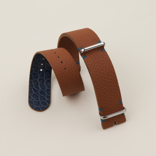 NATO Golden Togo Lining Jean Blue Alligator Round Scales Leather Watch Strap