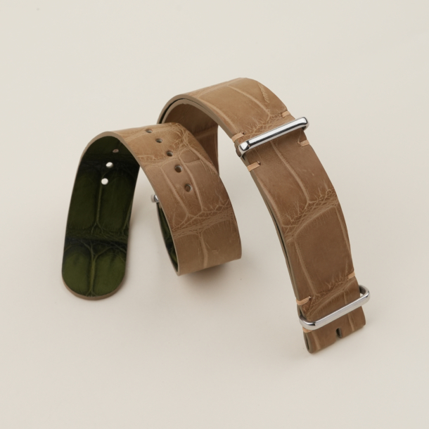 NATO Beige Alligator Lining Green Alligator Leather Watch Strap