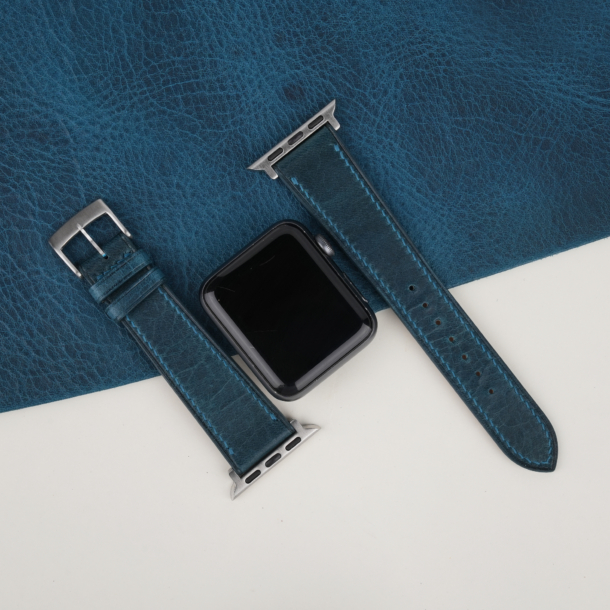 Dark Aqua Blue Waxed Badalassi Carlo Leather Apple Watch Band - Image 2