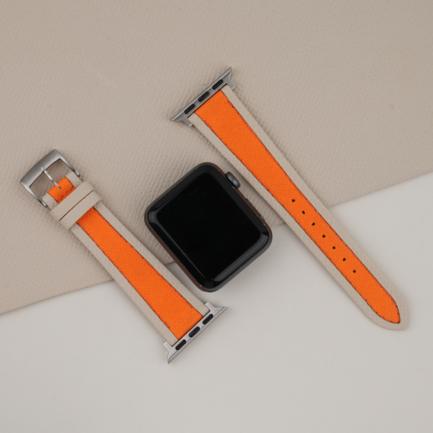 Orange Canvas Folded Edge Pearl White Epsom Apple Watch Band