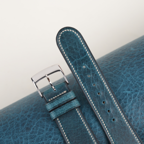 Micro Stitch Dark Aqua Blue Waxed Badalassi Carlo Leather Watch Strap