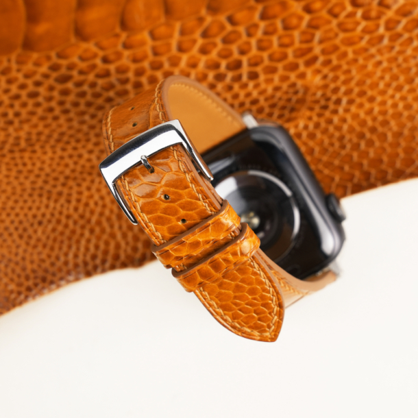 Cognac-Ostrich-Leg-Leather-Apple-Watch-Band