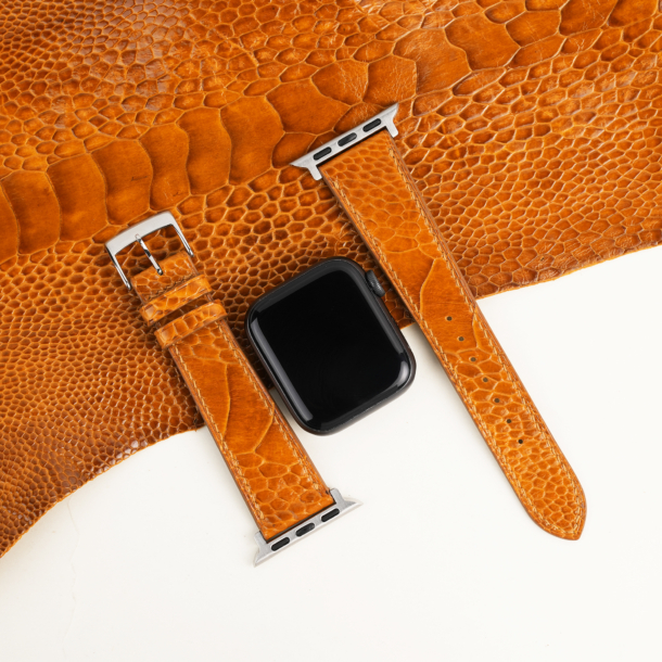Cognac-Ostrich-Leg-Leather-Apple-Watch-Band