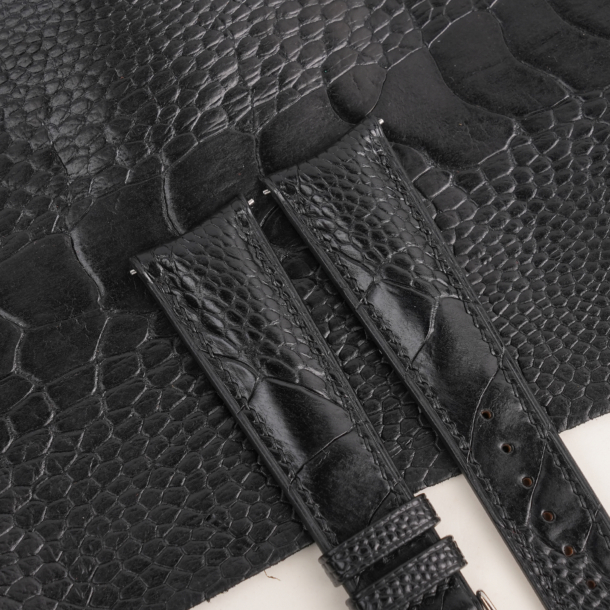 Padded Black Ostrich Leg Leather Watch Strap