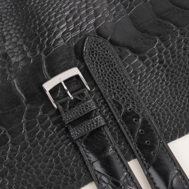 Padded Black Ostrich Leg Leather Watch Strap