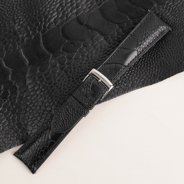 Padded Black Ostrich Leg Leather Watch Strap