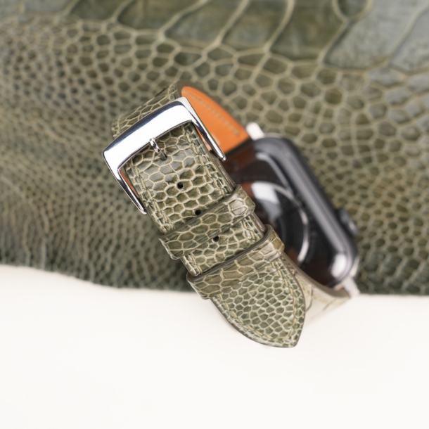 Olive Ostrich Leg Leather Apple Watch Band