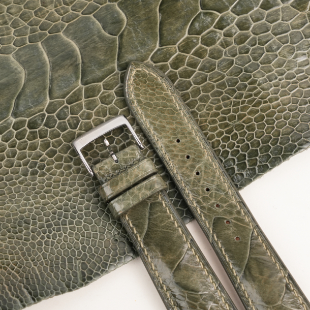 Padded Olive Ostrich Leg Leather Watch Strap
