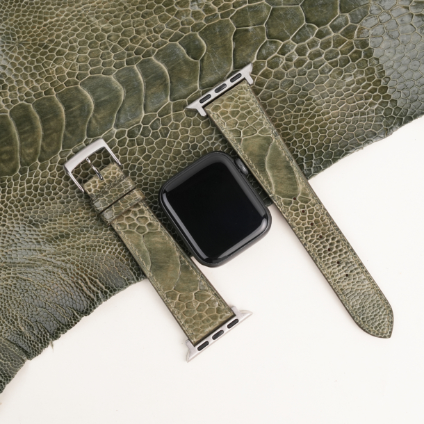 Olive Ostrich Leg Leather Apple Watch Band