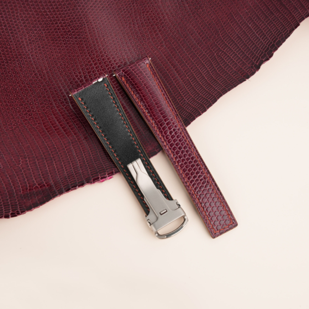 Padded Burgundy Lizard Leather Single Folding Watch Strap 2 Padded Burgundy Lizard Leather Single Folding Watch Strap