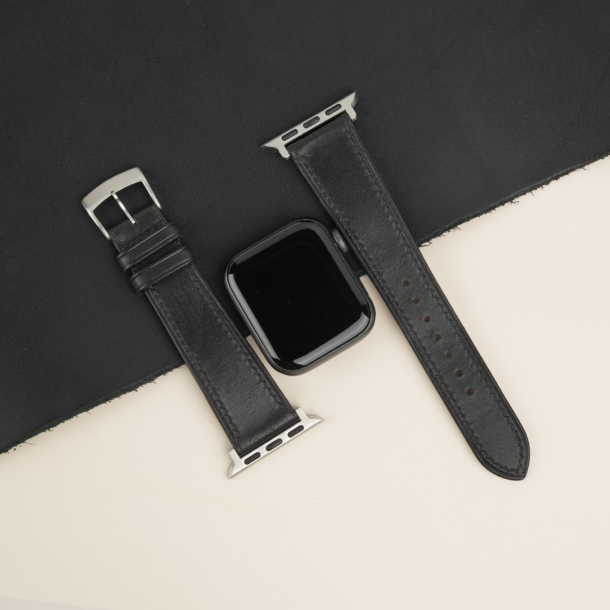 Black Smooth Calf Leather Apple Watch Band