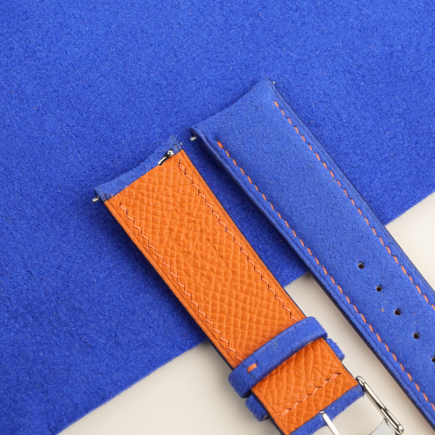 Curved End Blue Alcantara Lining Orange Epsom Watch Strap