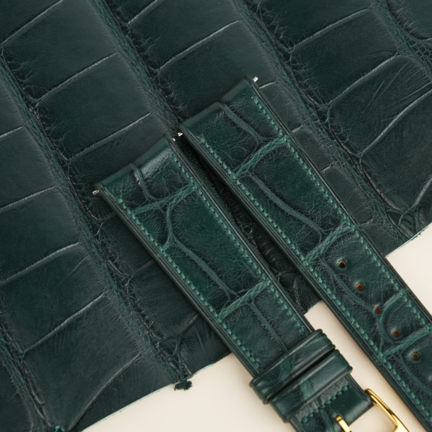 Micro Stitch Curved End Dark Green Alligator Leather Watch Strap