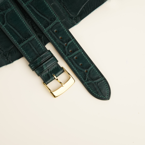 Micro Stitch Curved End Dark Green Alligator Leather Watch Strap