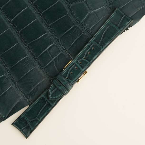 Micro Stitch Curved End Dark Green Alligator Leather Watch Strap